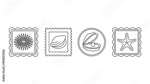 Sea Shell and Pearl Icon Set with Stamps