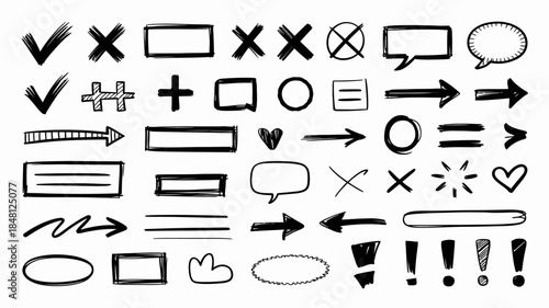 Hand-drawn sketch icons set including checkmarks, crosses, arrows, and speech bubbles on white background