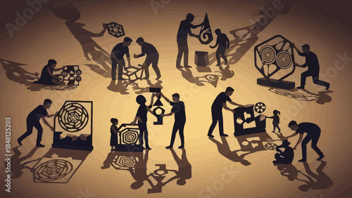 dynamic silhouettes of children and adults engaging in creative activities casting shadows on a