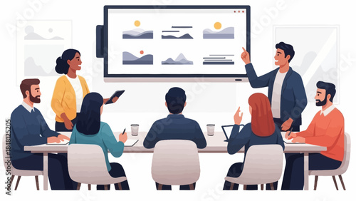 diverse team engaged in a professional presentation and collaborative discussion during a business