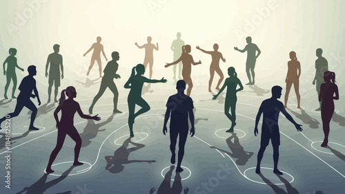Dynamic silhouettes of people engaging in lively outdoor dancing activities in an open space with