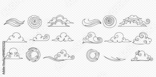 Set of hand-drawn Asian clouds in various shapes and styles, black and white outline vector illustration.