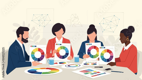 Diverse team of professionals analyzing color palettes and design concepts in a modern