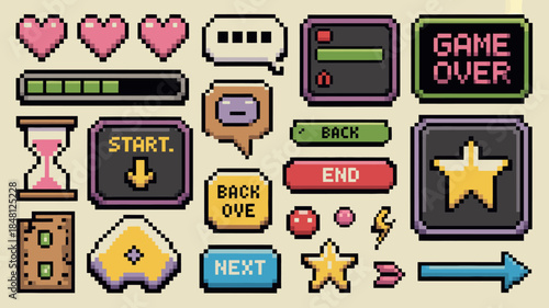 Pixel Art Game Icons Set, Retro Video Game Elements