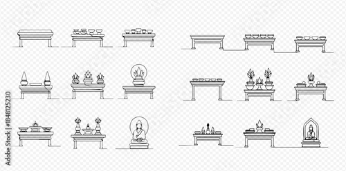 Set of Buddhist altar tables with offerings and statues in outline style.