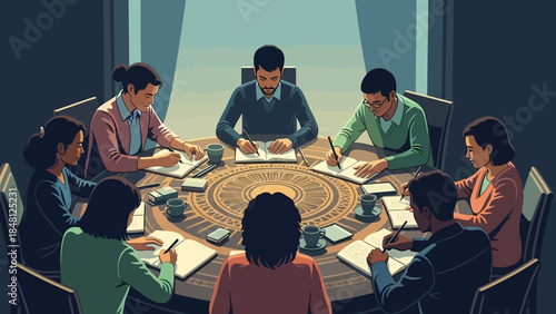 diverse team of professionals collaborating around a round table in a modern office setting for