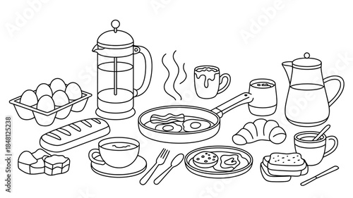 Breakfast Table Setting with Food and Drinks