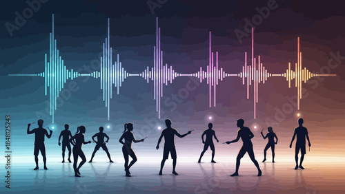 Dynamic silhouettes of people dancing with colorful sound waves in a vibrant abstract scene