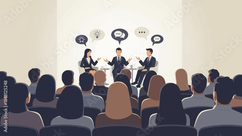 engaging panel discussion with three professionals sharing insights in front of attentive audience