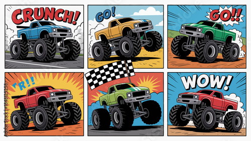 Colorful Monster Trucks in Action, Comic Book Style Illustrations