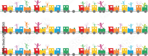 Seamless pattern of colorful toy trains with happy children silhouettes playing and jumping for kids education nursery and kindergarten design