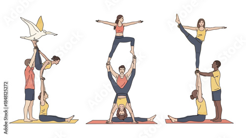 Dynamic yoga acrobatics showcasing strength balance and teamwork in a serene studio environment