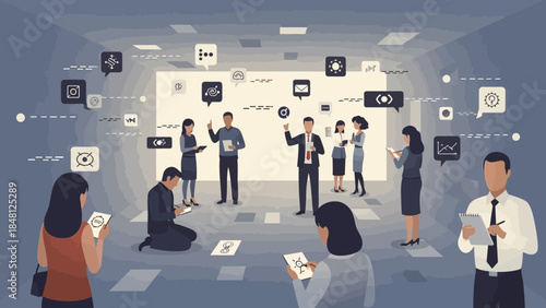 dynamic virtual networking event with diverse professionals engaging through digital devices and