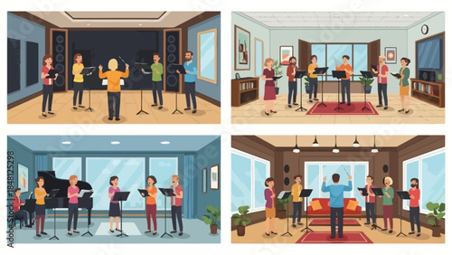 diverse group of singers and musicians practicing together in various indoor settings capturing