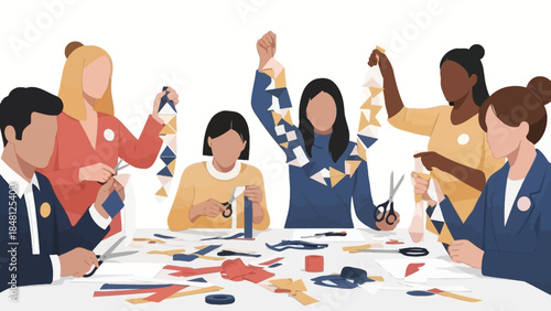 Diverse group of women and men engaged in creative paper craft activity around a table