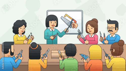 Educational workshop illustrating safety tools and instructions for hand saws and tools training