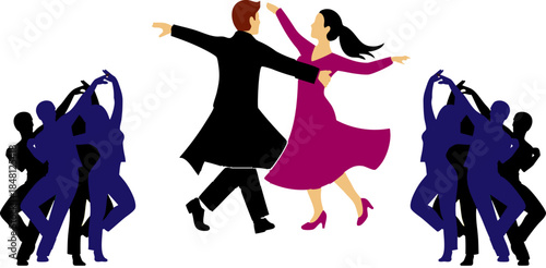 WebDynamic ballroom dance couple performs an elegant lift surrounded by silhouette figures on a dark stage