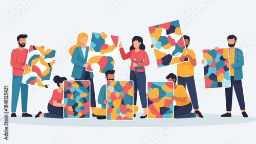 Diverse group of young adults collaborating on colorful abstract puzzle projects emphasizing