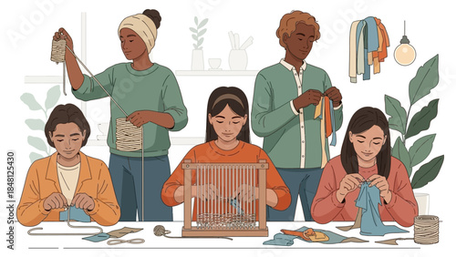 Diverse group of women engaging in craft activities in a cozy indoor setting illustrating