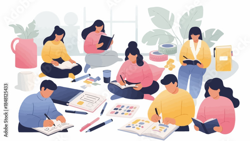 diverse group of young adults engaging in creative learning and discussion in a modern indoor