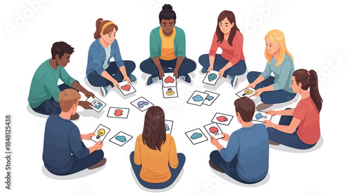 Diverse group of young adults engaging in a collaborative learning activity around digital tablets