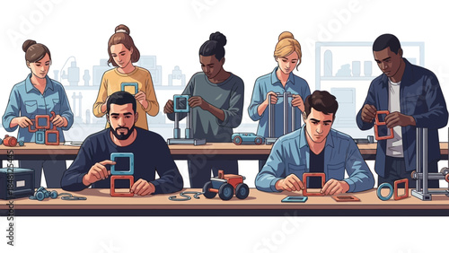 diverse group of young adults engaging in hands-on technology and robotics workshop in urban