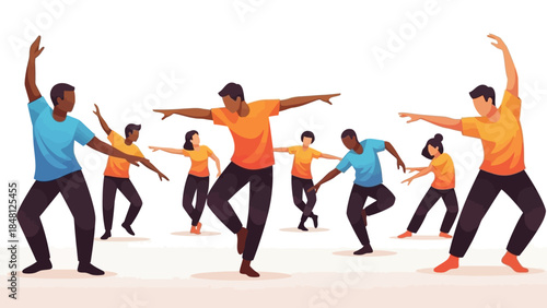 Energetic group dance performance with diverse participants in motion