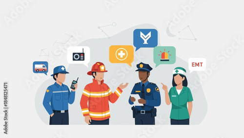 Emergency responders and rescue personnel coordinating communication in a disaster response scenario