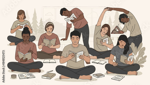 Diverse group of young adults engaging in self-directed learning and reading in a cozy indoor