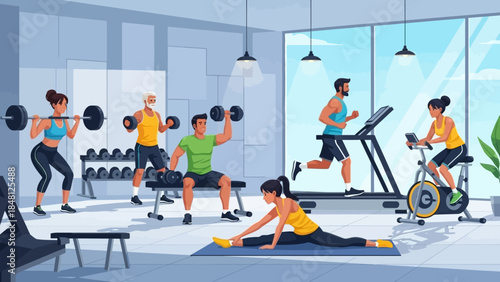 Energetic Group Workout Session in Bright Modern Gym with Diverse Exercises