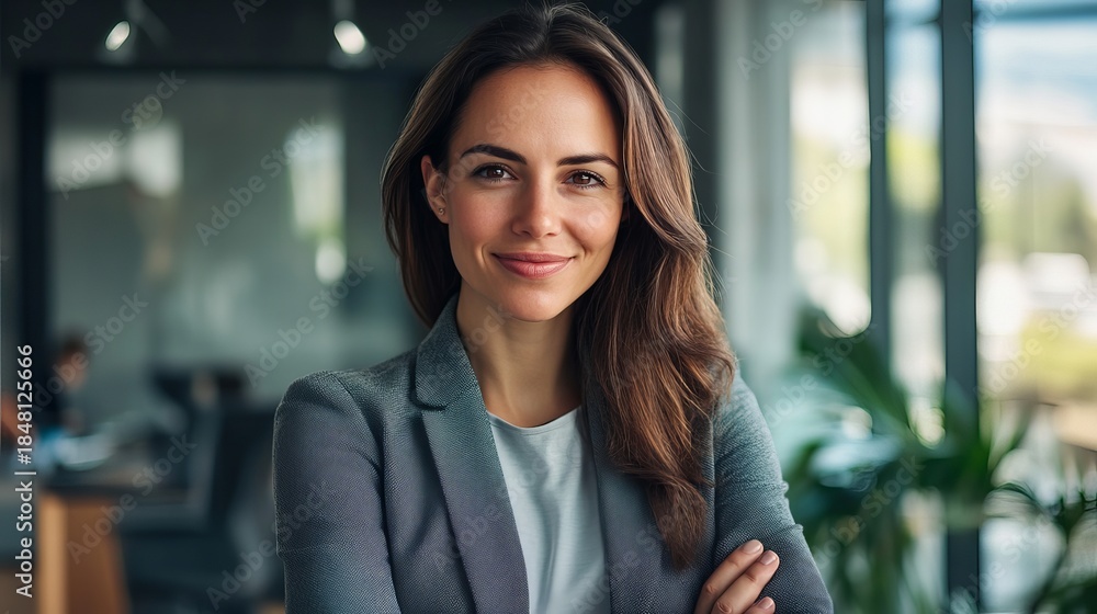 Fototapeta premium Confident Businesswoman Smiling in Modern Office Environment
