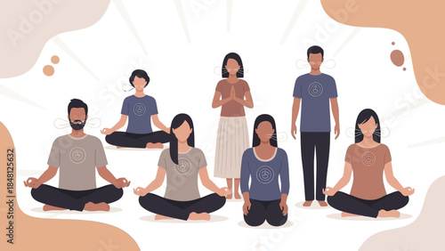 Diverse group practicing meditation and mindfulness in a peaceful setting emphasizing tranquility