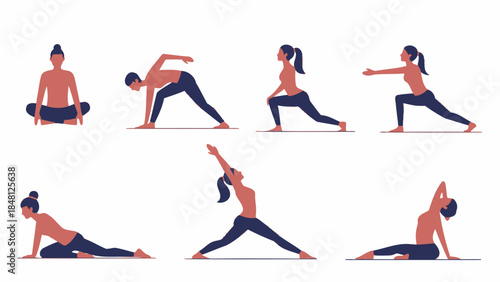 Dynamic sequence illustrating various yoga poses showcasing flexibility and balance for mental and