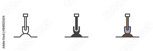 Shovel in soil line, solid and colorful icon set pack