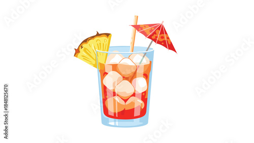 Refreshing tropical cocktail with pineapple wedge, ice cubes, and a decorative umbrella in a glass, perfect for summer.