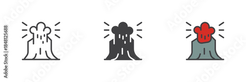 Volcano eruption line, solid and colorful icon set pack