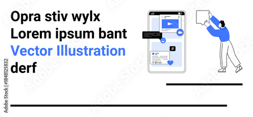 Social media management, content creation, digital marketing, online interaction, user communication, platform engagement. Person holding a square and smartphone with icons. Social media management