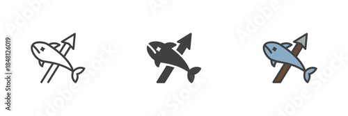 Fishing spear line, solid and colorful icon set pack