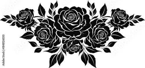 black roses and leaves on white background