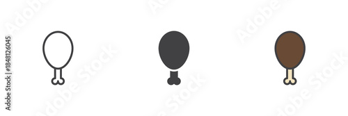Chicken leg line, solid and colorful icon set pack