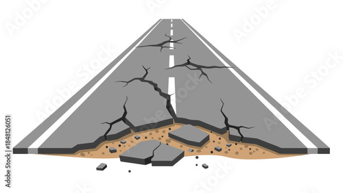 Damaged road with large cracks and broken asphalt illustrates infrastructure failure and the need for repairs.