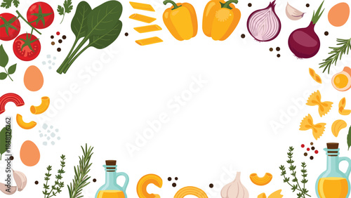 Fresh ingredients like vegetables, pasta, and herbs create a colorful border around a blank white space, perfect for culinary designs.