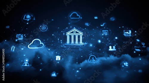 Digital Banking Concept with Iconic Symbols Representing Finance, Cloud Technology, Security, and Connectivity in a Dark Futuristic Setting