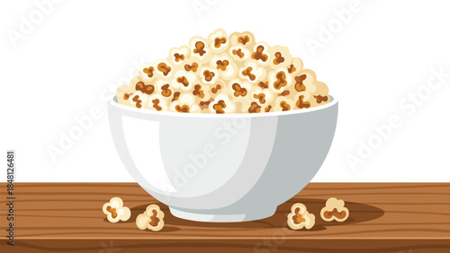 A generously filled white bowl overflows with fluffy, golden-brown popcorn kernels, perfect for a cozy movie night or snack time.
