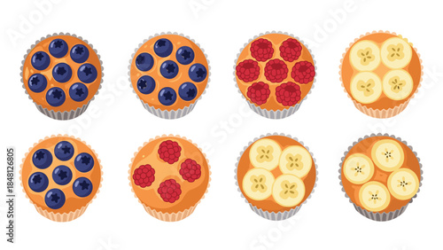 Colorful assortment of miniature fruit tarts with blueberries, raspberries, and banana slices displayed on a white background.