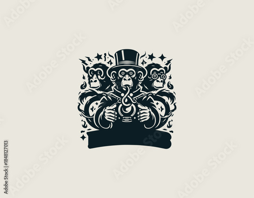 Magic monkeys bring playful fantasy charm to a friendly black vector logo illustration