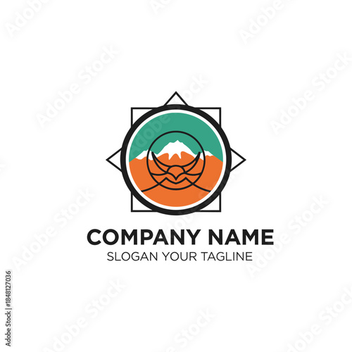 Mountain Landscape Logo Design with Compass Elements.