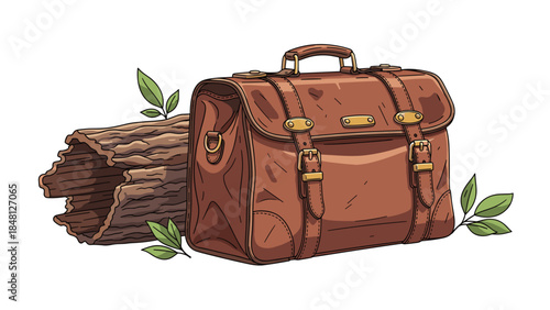 Vintage leather satchel rests beside a section of weathered wood and delicate green foliage, evoking a sense of rustic charm.