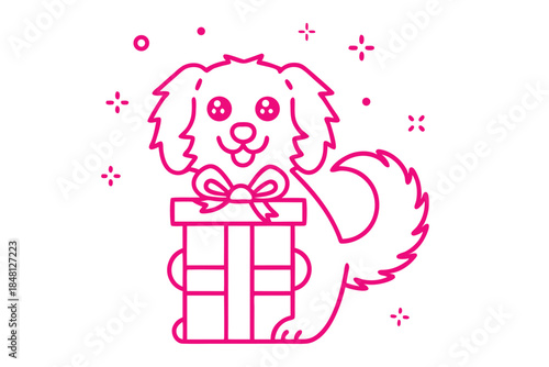 A cute pink fluffy dog holds a gift with a bow, looking adorable