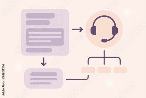 Flowchart diagram illustrating customer service process with headset support and document hierarchy demonstrating operational efficiency and user centered communication models